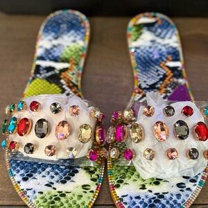 Fashion Nova White Gemstone Embellished Slide Sandals